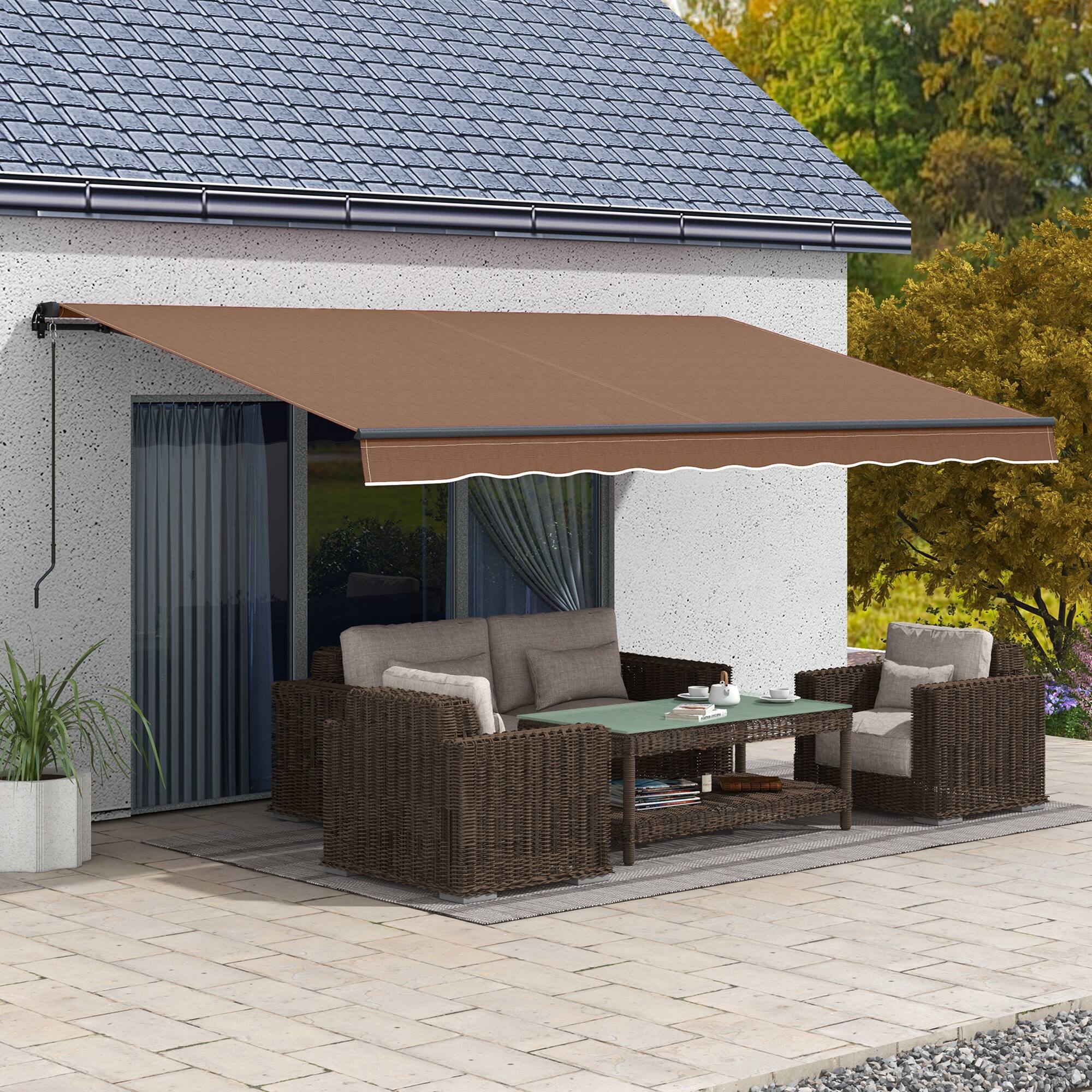 Alt View 1. Outsunny - 16' x 10' Retractable Awning, Patio Awning Sunshade Shelter with Manual Crank Handle - Brown.