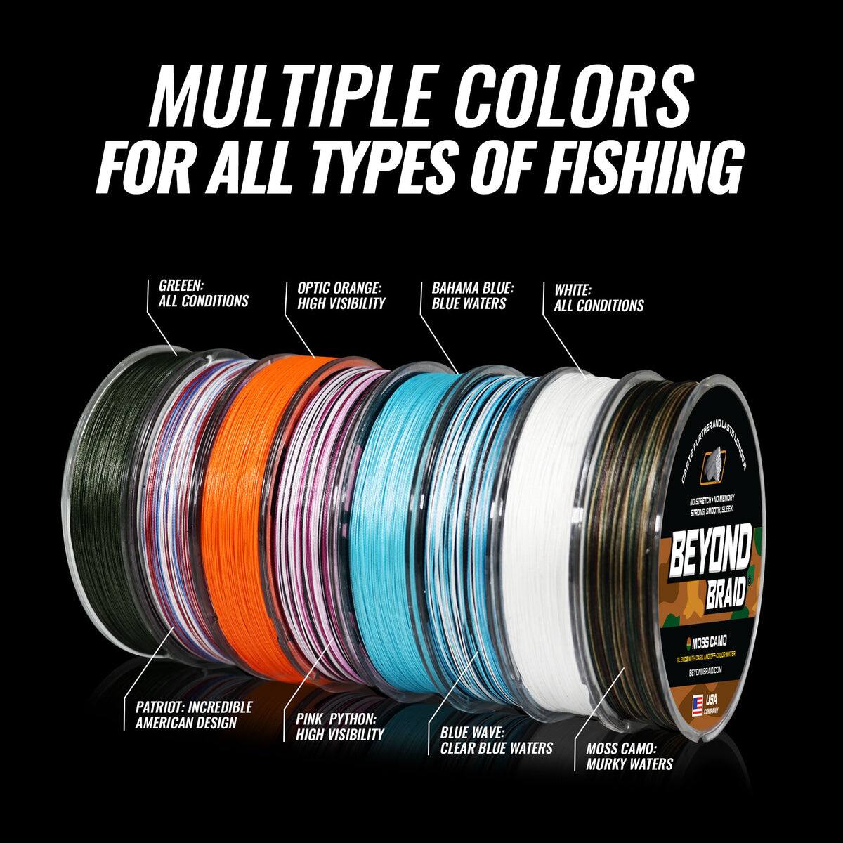 MULTIPLE COLORS FOR ALL TYPES OF FISHING

GREEN: ALL CONDITIONS  
OPTIC ORANGE: HIGH VISIBILITY  
BAHAMA BLUE: BLUE WATERS  
WHITE: ALL CONDITIONS  

PATRIOT: INCREDIBLE AMERICAN DESIGN  
PINK PYTHON: HIGH VISIBILITY  
BLUE WAVE: CLEAR BLUE WATERS  
MOSS CAMO: MURKY WATERS
