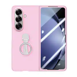 Dteck - for Samsung Galaxy Z Fold7 Matte Hard PC Case,Rugged Cover Built-In Screen Protector,Shockproof Shell+Grip Ring Stand - Pink