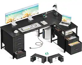 AODK - Reversible L Shaped Desk with 5 Drawers & File Drawer, Computer Table with Power Outlet and Open Storage Shelf - Black