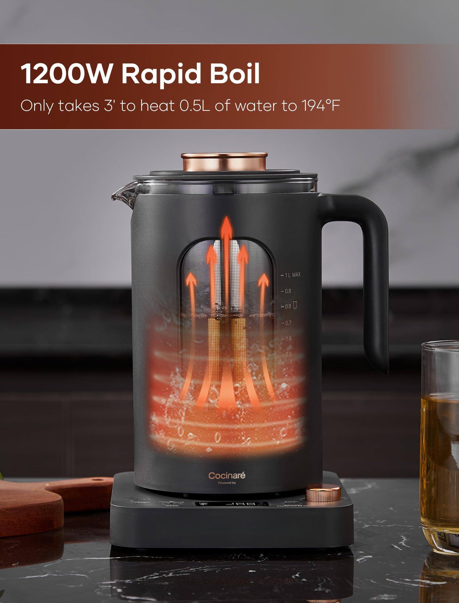 1200W Rapid Boil  
Only takes 3' to heat 0.5L of water to 194°F  
1L MAX