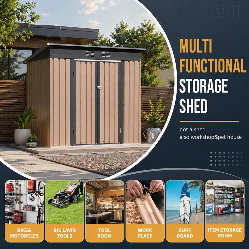 MULTI FUNCTIONAL STORAGE SHED  
not a shed, also workshop & pet house  
BIKE & MOTORCLES  
BIG LAWN TOOLS  
TOOL ROOM  
WORK PLACE  
SURF BOARD  
ITEM STORAGE ROOM