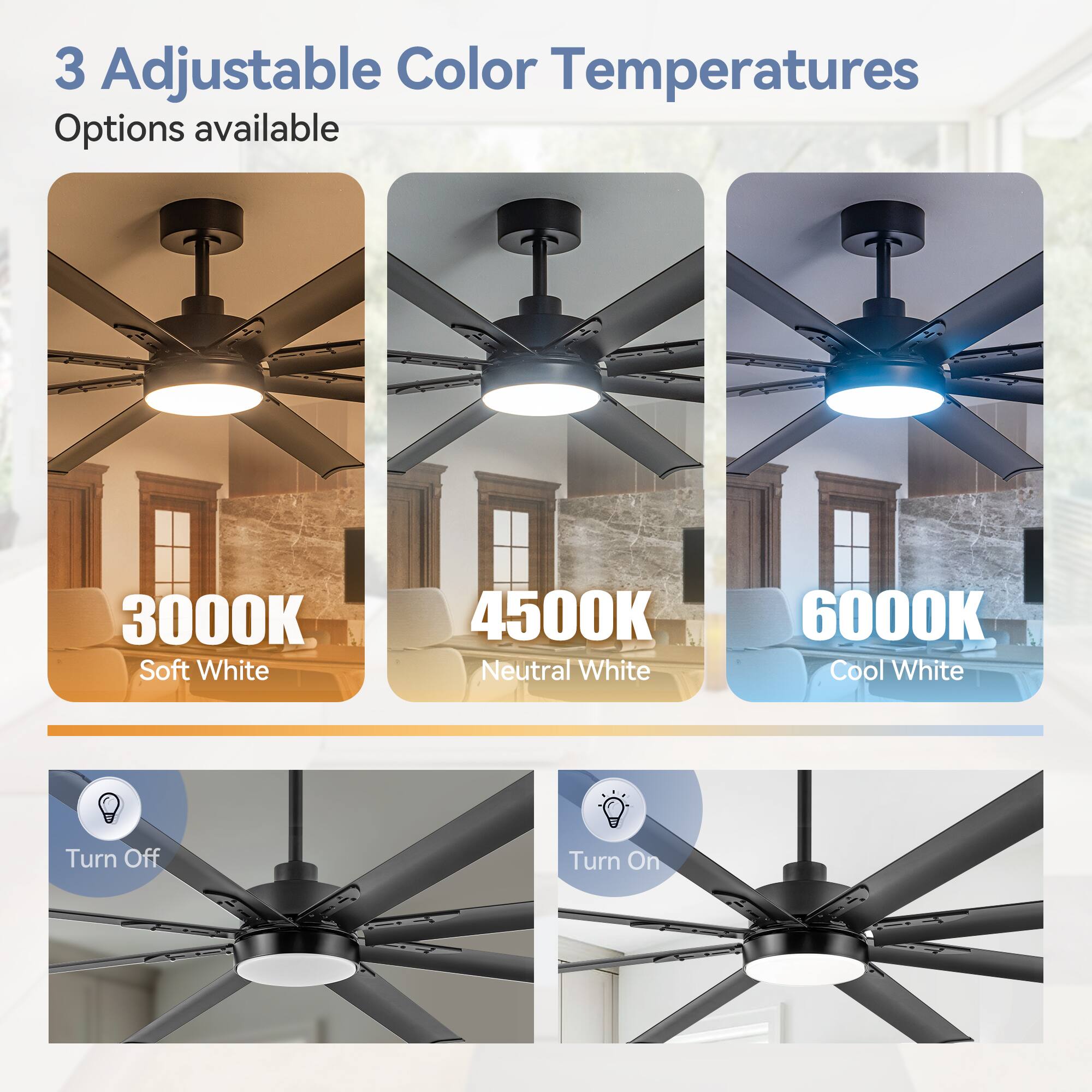 3 Adjustable Color Temperatures Options available
3000K Soft White
4500K Neutral White
6000K Cool White
Turn Off
Turn On