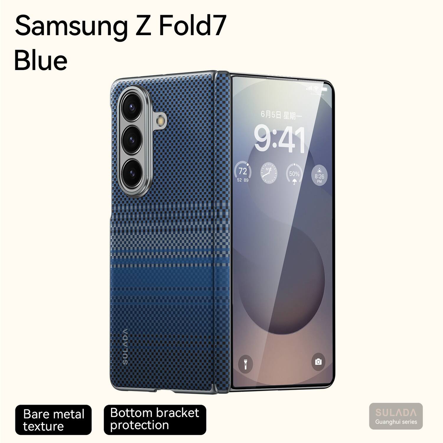 Dteck - Magnetic Full Hinge Protective Case for Samsung Galaxy Z Fold7, Slim Woven Leather Hybrid Cover with Raised Edge Screen - Blue
