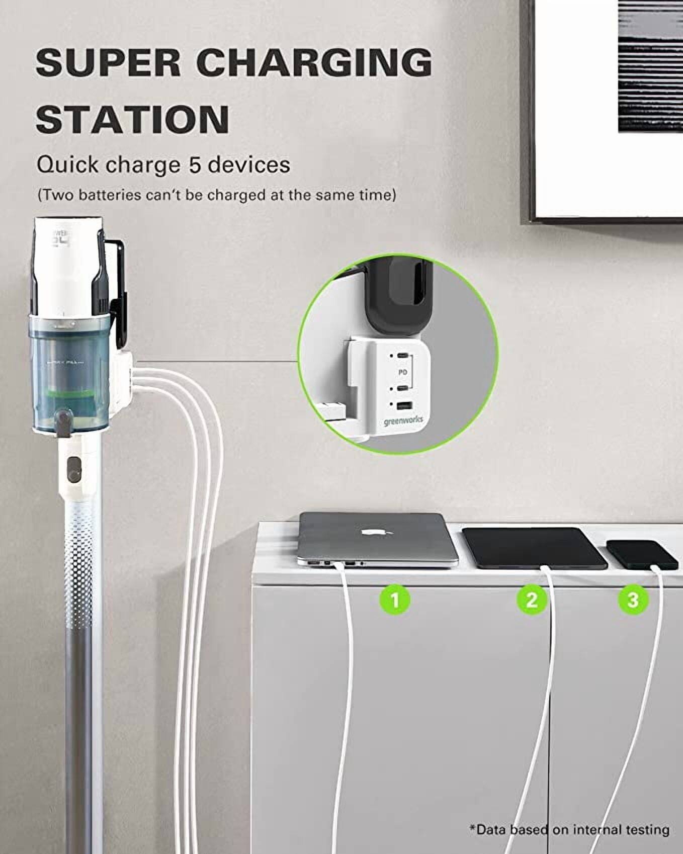 SUPER CHARGING STATION  
Quick charge 5 devices  
(Two batteries can't be charged at the same time)  

*Data based on internal testing