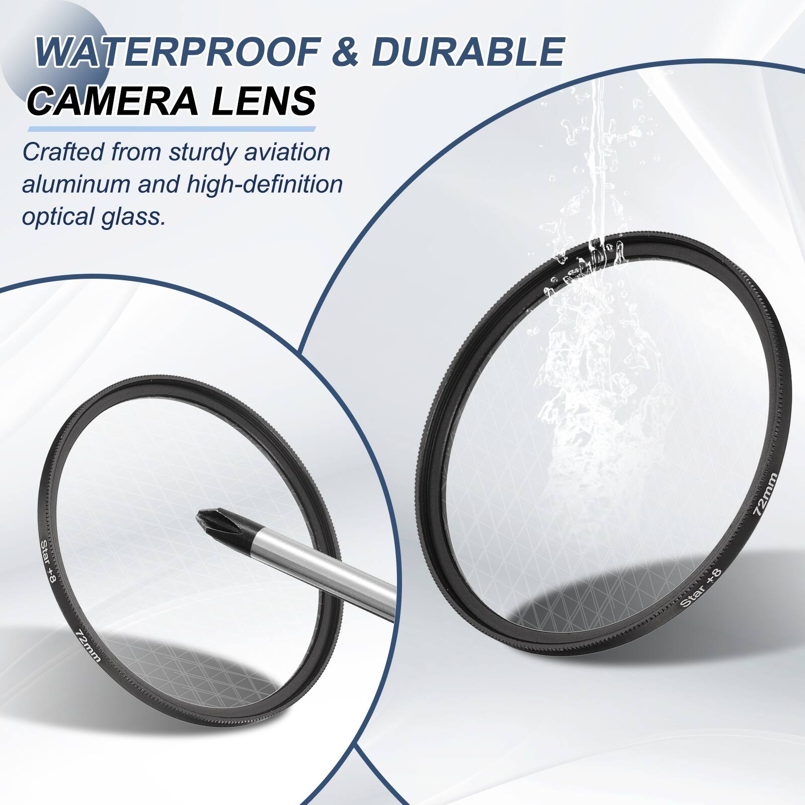 WATERPROOF & DURABLE CAMERA LENS  
Crafted from sturdy aviation aluminum and high-definition optical glass.  
JAR Staar + 72mm +8 Star 72mm