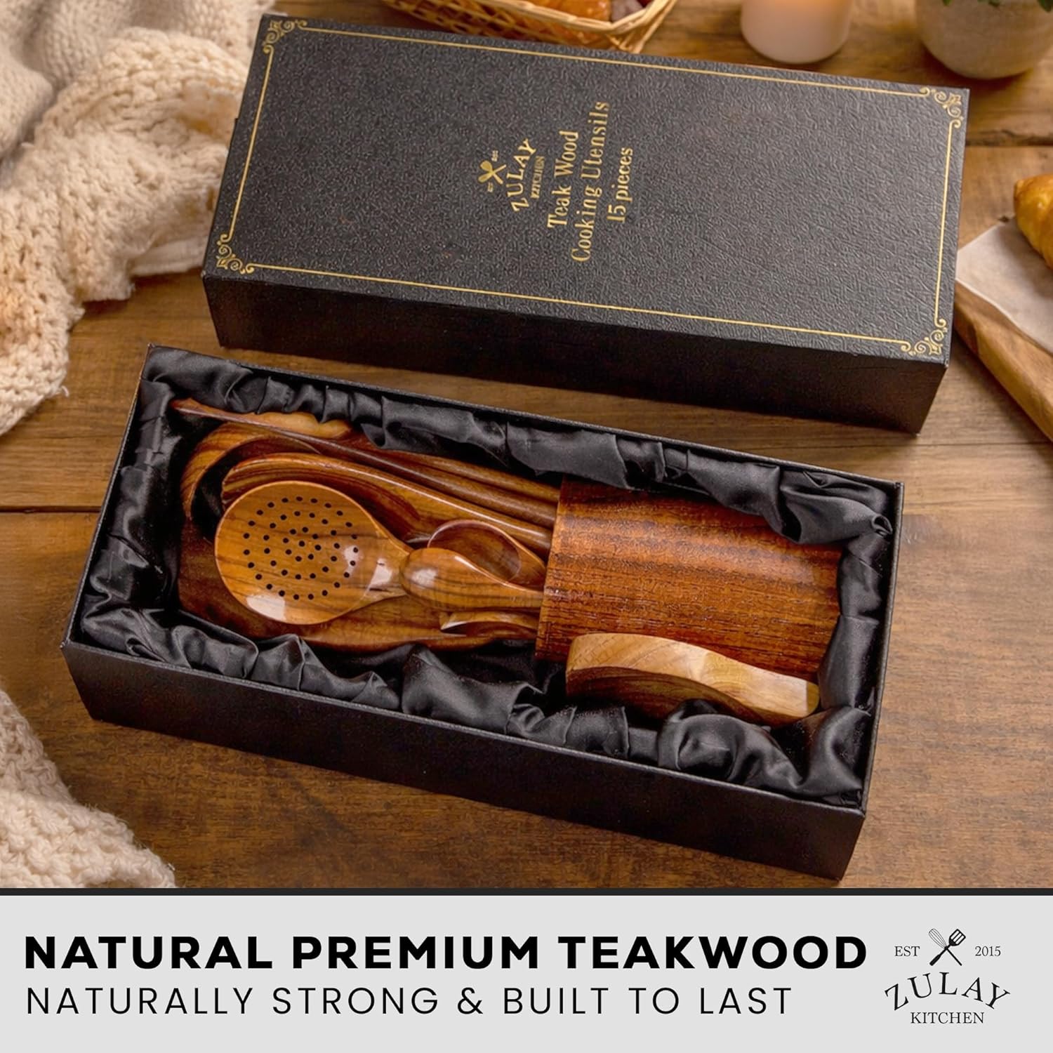 ZULAY SESLER Wood Utensils 5 pieces Teak Cooking 15 NATURAL PREMIUM TEAKWOOD EST 2015 NATURALLY STRONG & BUILT TO LAST ZULAY KITCHEN