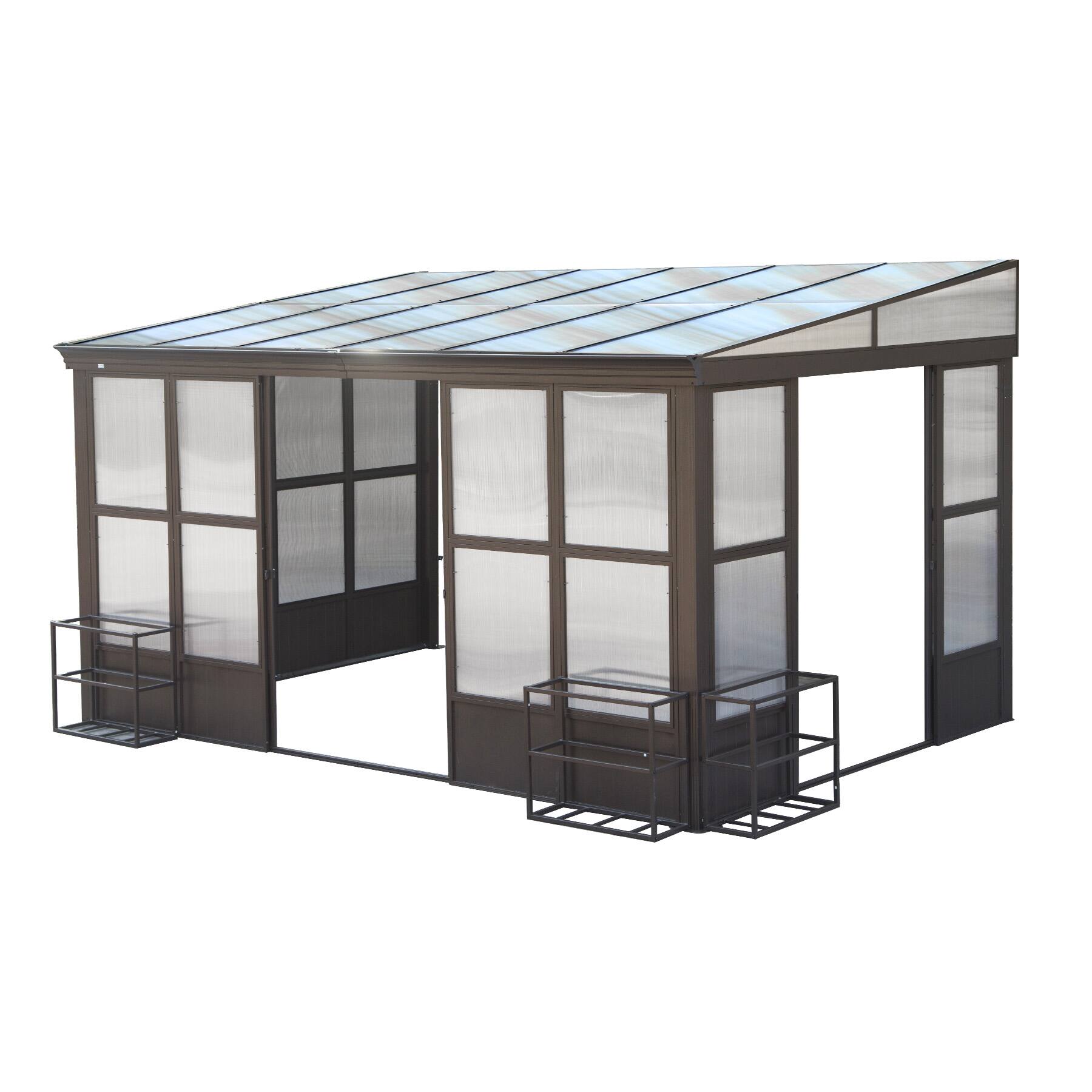 Angle. Mondawe - 10x12FT All-Season Sunroom, Wall-Mounted Solarium, Detachable Polycarbonate Windows - Dark Brown.