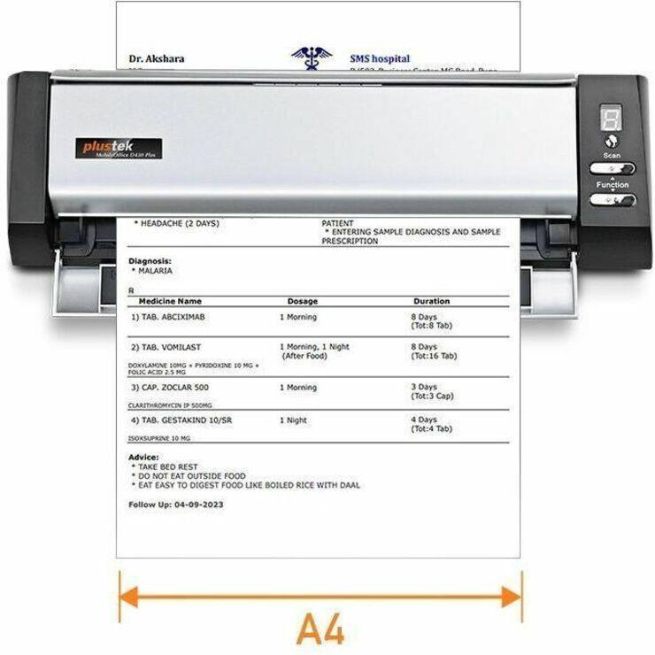 Dr. Akshara  
SMS hospital  
plustek  

Scan  
Function  

HEADACHE (2 DAYS)  
PATIENT ENTERING SAMPLE DIAGNOSIS AND SAMPLE PRESCRIPTION  

Diagnosis: MALARIA  

R Medicine Name  
1) TAB. ABCIXIMA8  
Dosage: 1 Morning  
Duration: 8 Days (Tot: 8 Tab)  

2) TAB. VOMILAST DOXYLAMINE 10MG PYRIDOXINE 10 MG FOLIC ACID 25 MG  
Dosage: 1 Morning, 1 Night (After Food)  
Duration: 8 Days (Tot: 16 Tab)  

3) CAP. ZOCLAR 500 CLARITHROMYCIN 500MG  
Dosage: 1 Morning  
Duration: 3 Days (Tot: 3 Cap)  

4) TAB. GESTAKIND 10/SR ISOXSUPRINE 10 MG  
Dosage: 1 Night  
Duration: 4 Days (Tot: 4 Tab)  

Advice:  
- TAKE BED REST  
- DO NOT EAT OUTSIDE FOOD  
- EAT EASY TO DIGEST FOOD LIKE