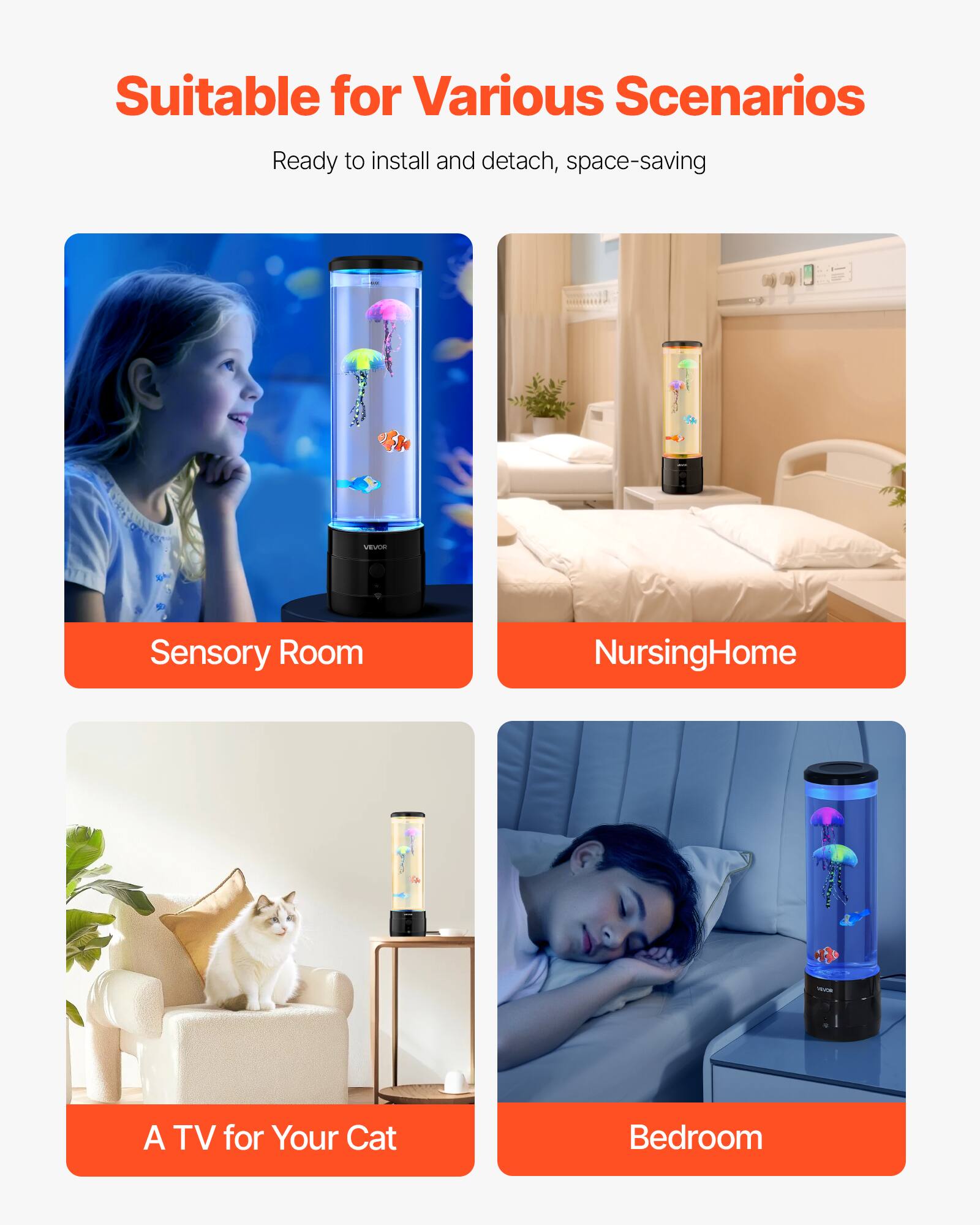 Suitable for Various Scenarios  
Ready to install and detach, space-saving  

Sensory Room  
Nursing Home  
A TV for Your Cat  
Bedroom