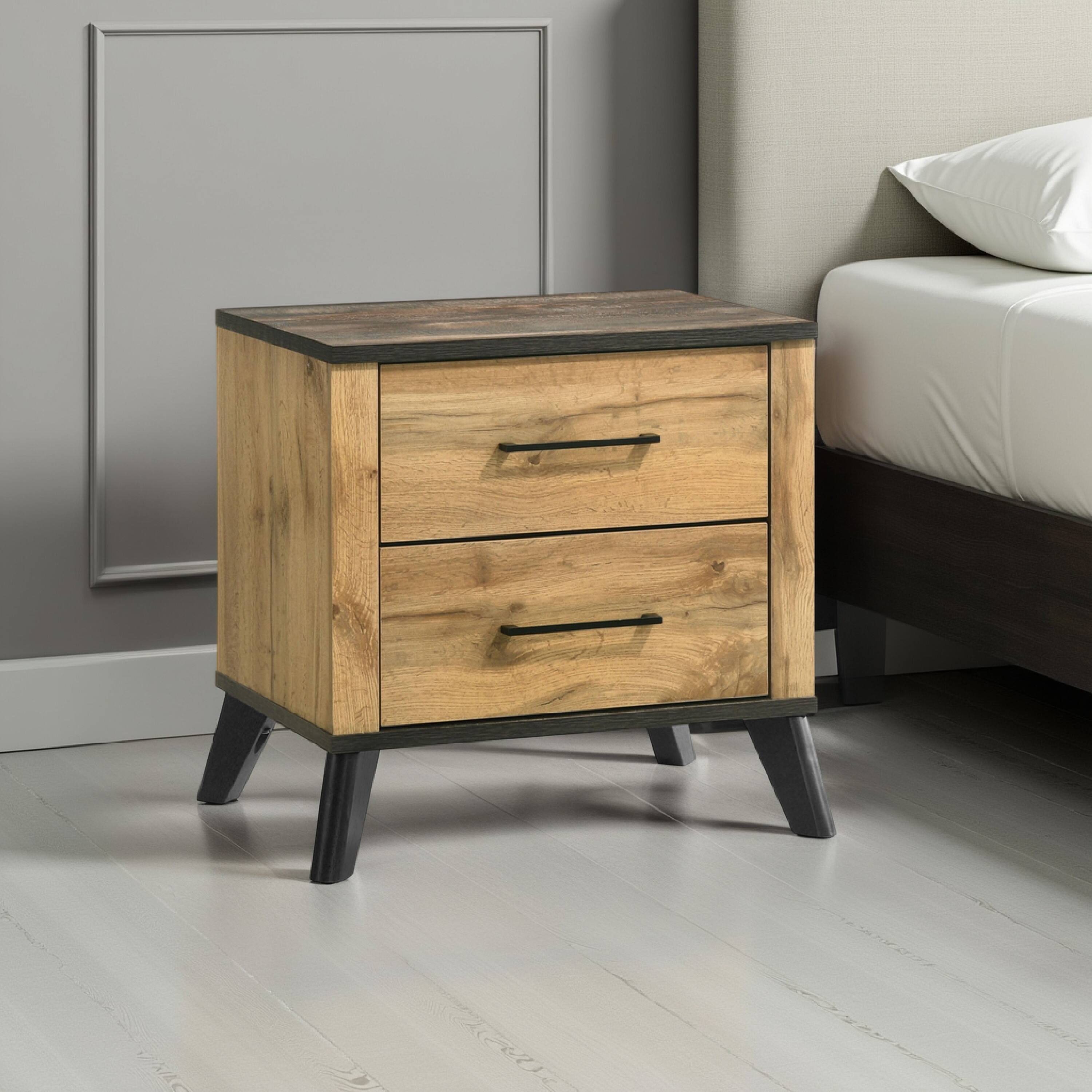 Alt View 2. Manhattan Lane - Wemy Nightstand with 2 Drawers, Metal Legs, Weathered Pine Wood - Dark Brown, Black.