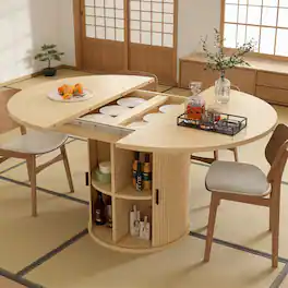 Dyonery - 63'' Extendable Round Kitchen Dining Room Table with 2-Tier Storage Shelf, with Pedestal Base,Wood Oval Dinner Furniture - Natural wood