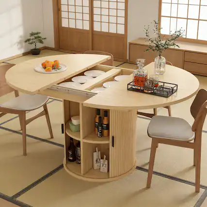 Front. Dyonery - 63'' Extendable Round Kitchen Dining Room Table with 2-Tier Storage Shelf, with Pedestal Base,Wood Oval Dinner Furniture - Natural wood.