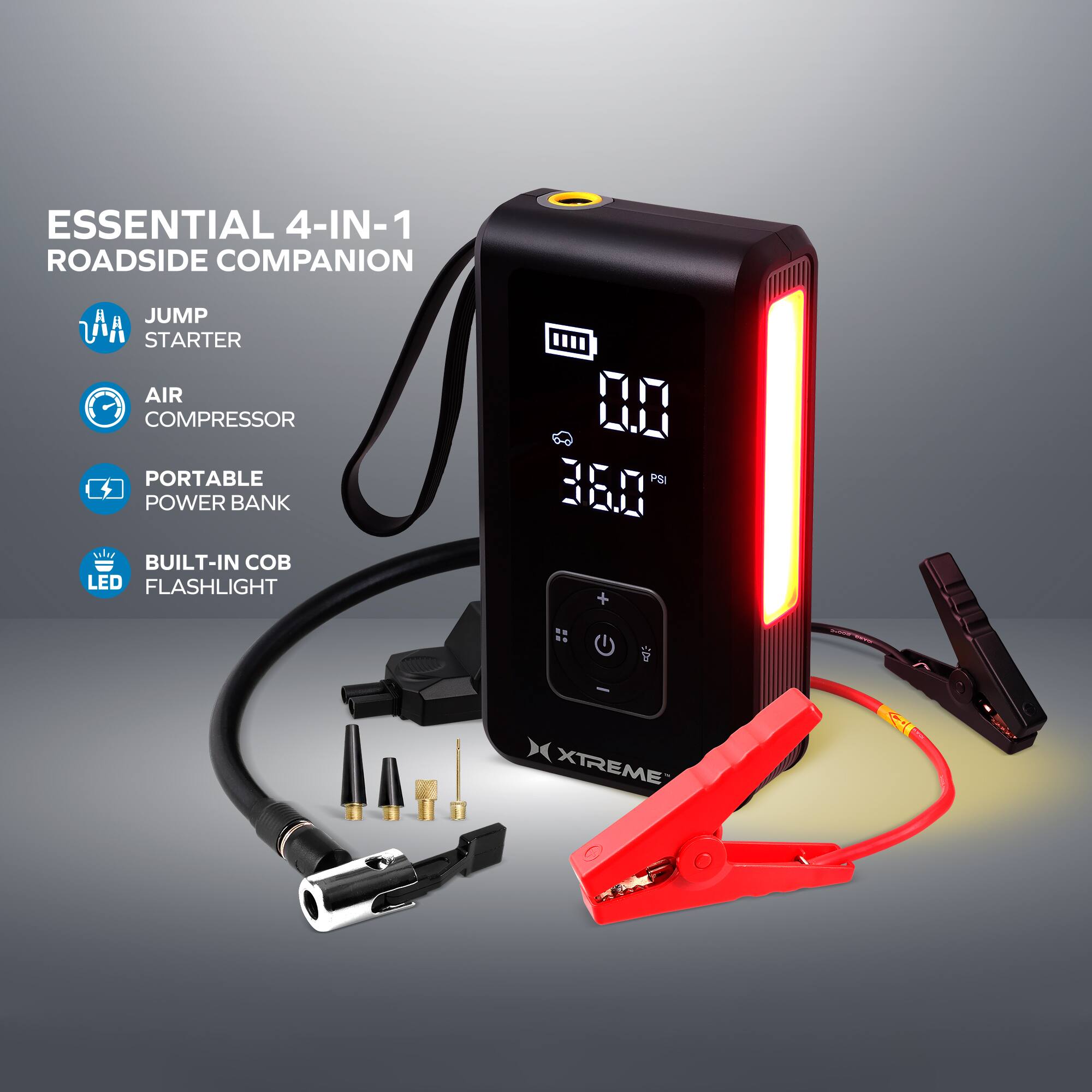 ESSENTIAL 4-IN-1 ROADSIDE COMPANION JUMP STARTER AIR COMPRESSOR PORTABLE POWER BANK BUILT-IN COB LED FLASHLIGHT 00 PSI 360 XTREME