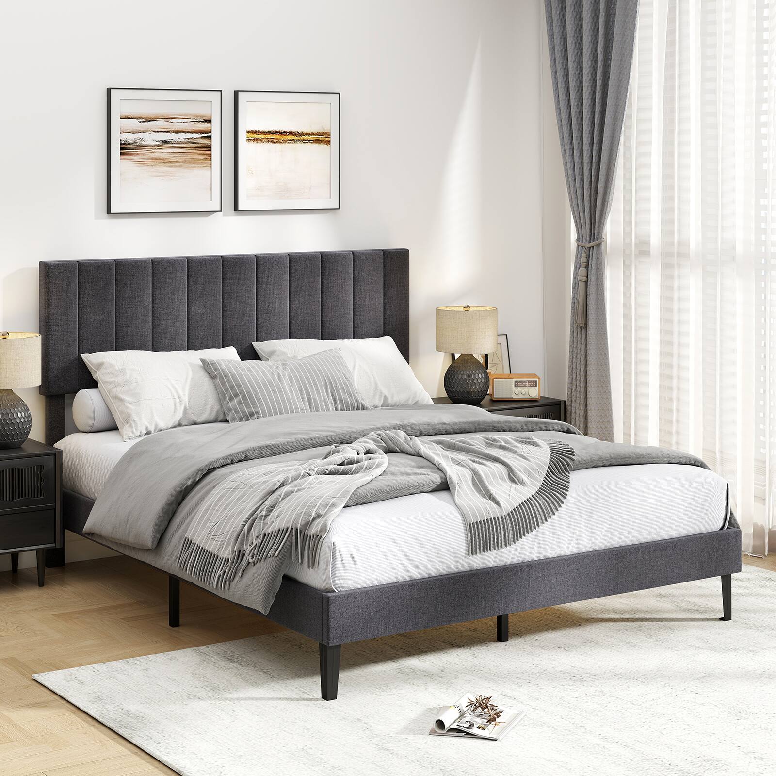 Alt View 5. LUCKY ONE - Queen Assembled Velvet Platform Bed with Height Adjustable Channel Headboard - Gray-Queen.