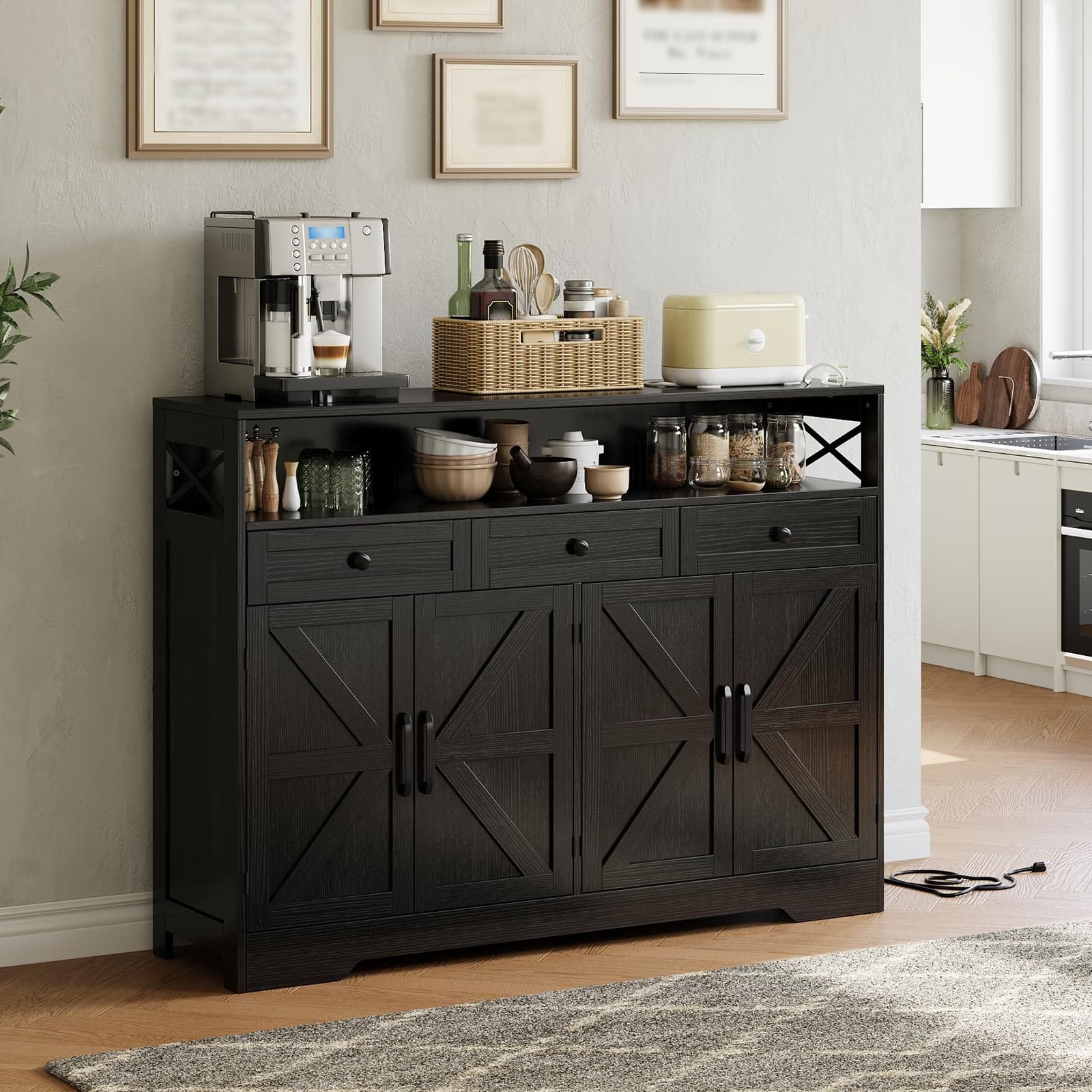 Jojoka - Farmhouse Sideboard Buffet Cabinet with Drawers, Open Shelf & Charging Station - Black