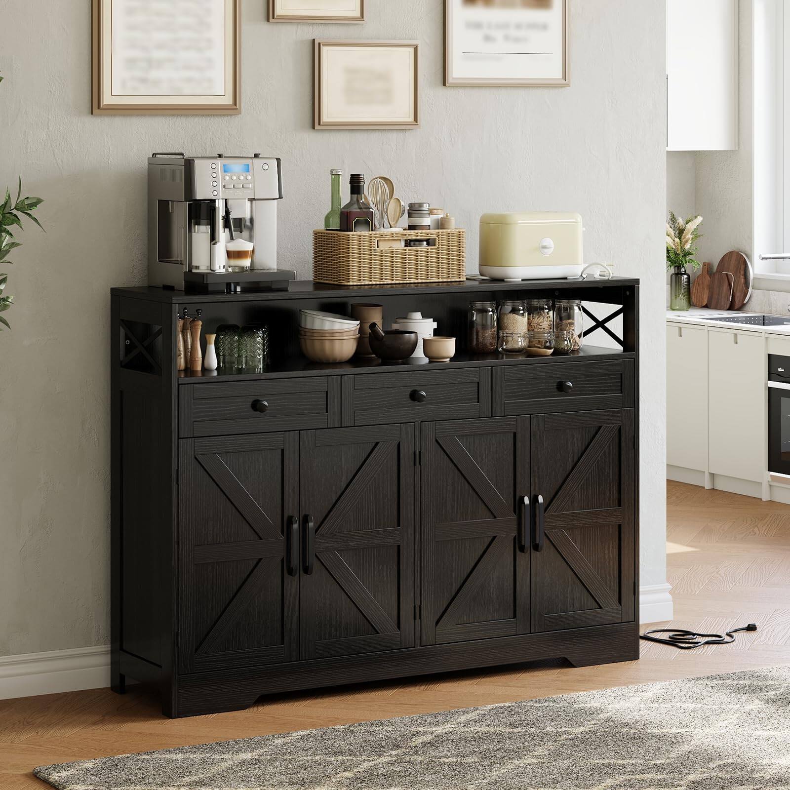Jojoka - Farmhouse Sideboard Buffet Cabinet with Drawers, Open Shelf & Charging Station - Black