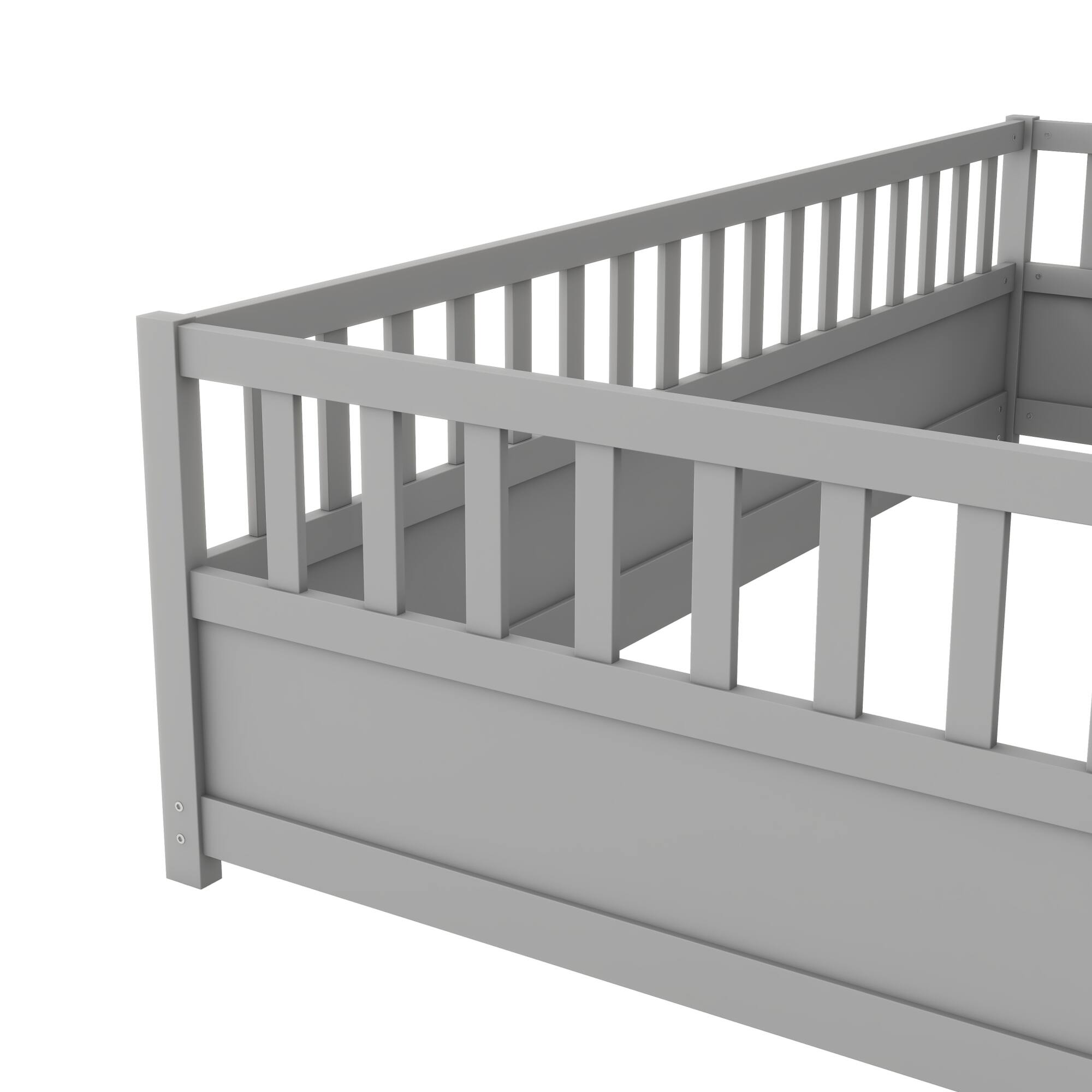 Alt View 7. GOODSILO - Twin Size Floor Bed with Safety Barrier and Door for Children, Montessori Inspired Wooden Frame - Grey.
