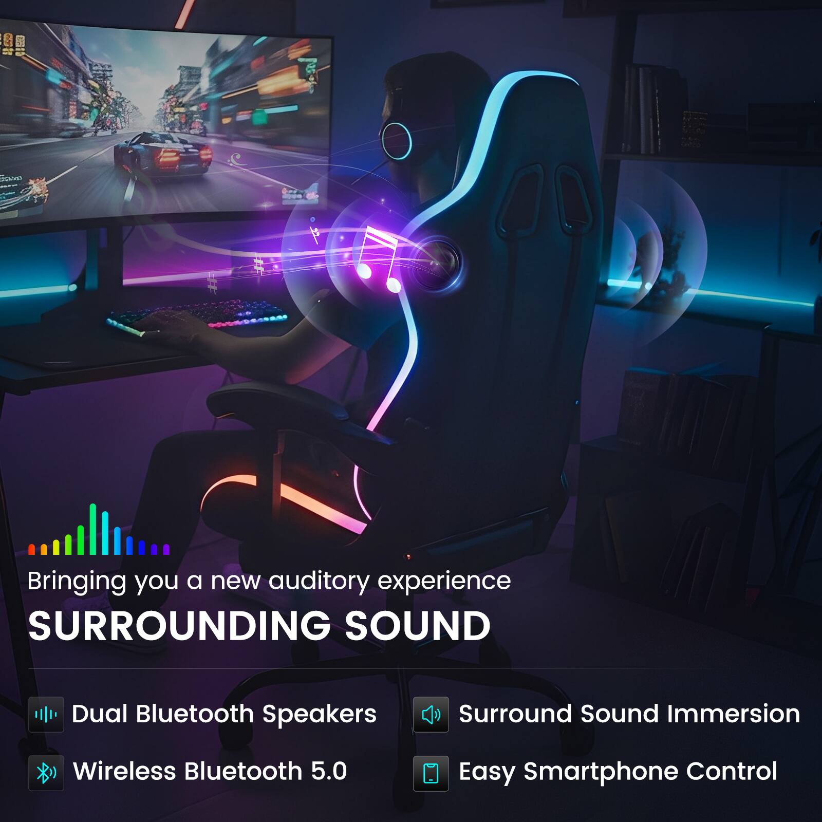 Bringing you a new auditory experience  
**SURROUNDING SOUND**  
- Dual Bluetooth Speakers  
- Wireless Bluetooth 5.0  
- Surround Sound Immersion  
- Easy Smartphone Control