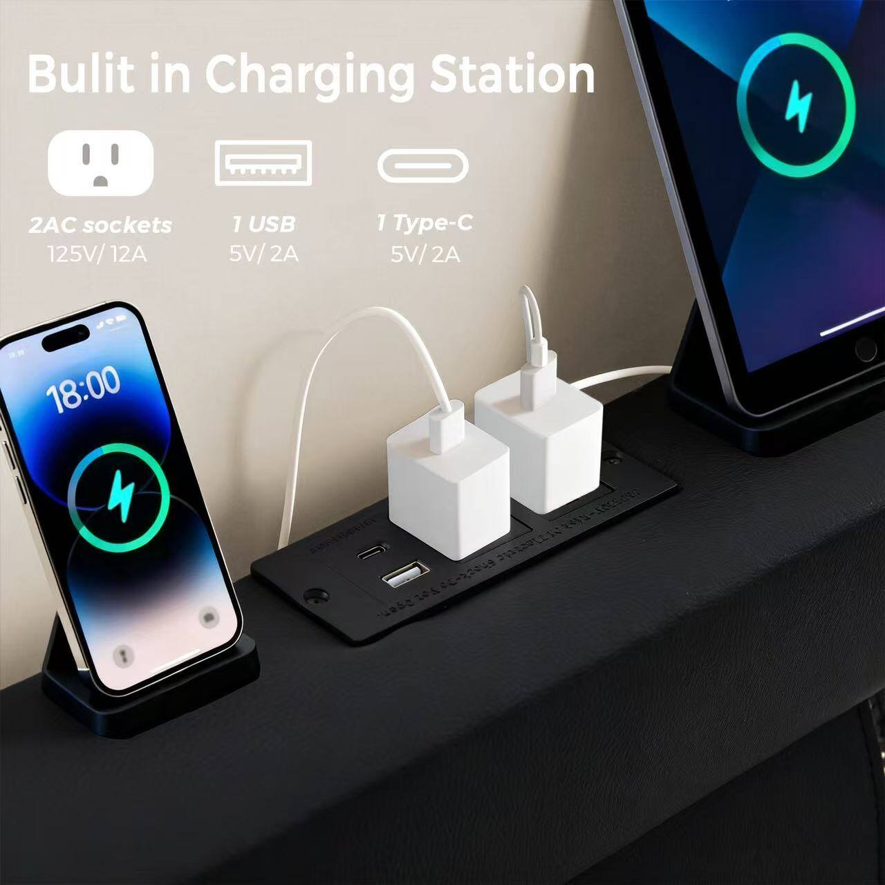 Built in Charging Station  
2AC sockets 125V/12A  
1 USB 5V/2A  
1 Type-C 5V/2A  
18:00