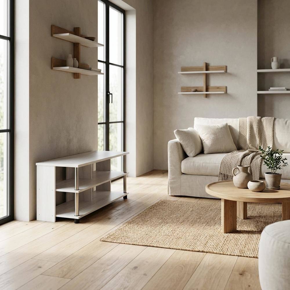 Alt View 2. FurniFact - White Oak TV Stand, 3-Tier Design, Stainless Steel Tubes, up to 48 inches - White.