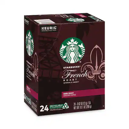 KEURIG
STARBUCKS
French Roast
Intense & Smoky
Dark Roast Ground Coffee
24 K-CUP* PODS
0.42 OZ (12g) / EA
RECYCLABLE
NET WT 10.1 OZ (288 g)