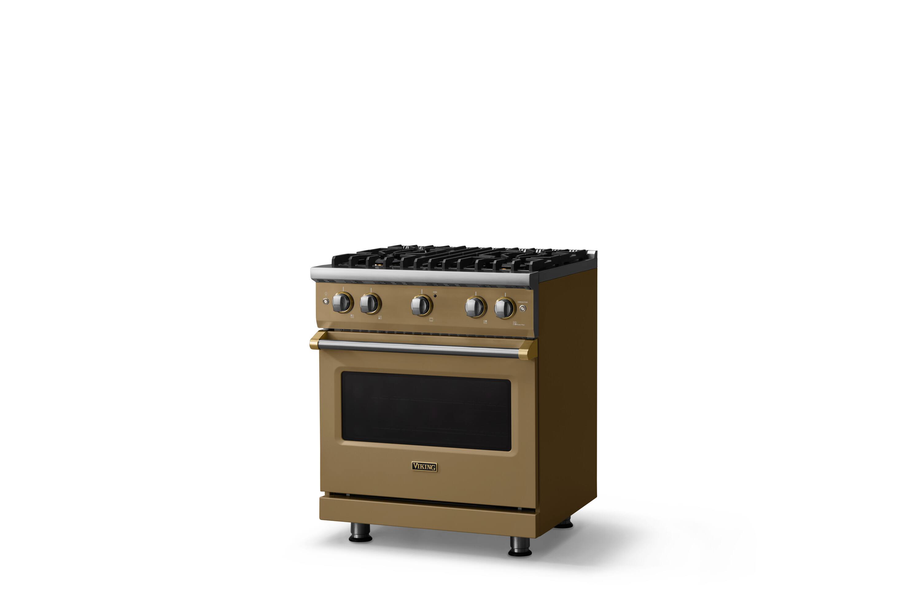 Angle. Viking - 30 in. Wide Pro 5 Series 4.0 Cu. Ft. Freestanding Sealed 4 Burner Gas Convection Range - Golden Hour/Brushed Brass - Golden Hour.
