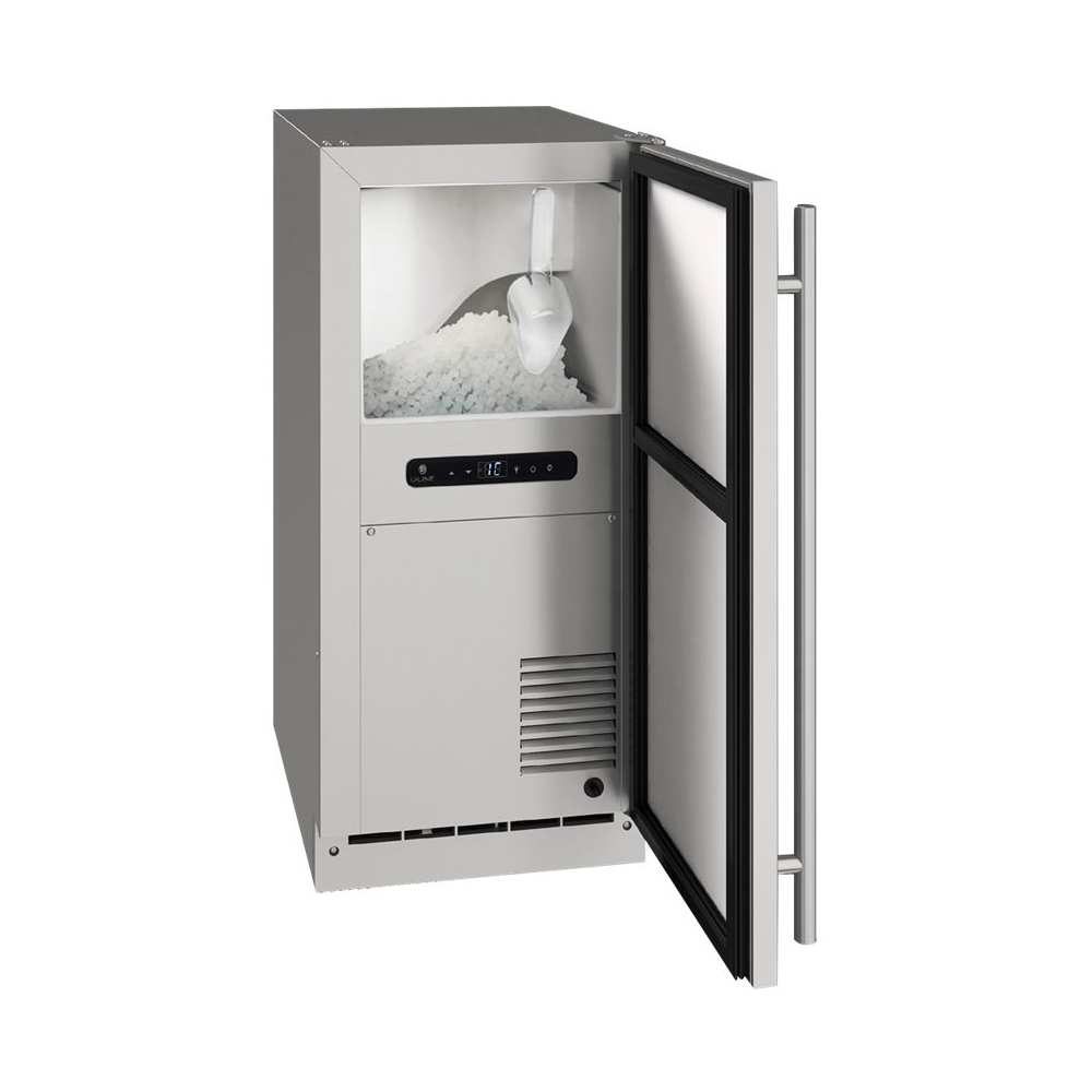 Left View: U-Line - 90-lb Outdoor Nugget Ice Machine with Reversible Hinge with Pump - Stainless steel