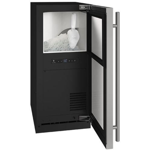 Left View: U-Line - 90-lb Freestanding Nugget Ice Machine with Reversible Hinge - Stainless steel