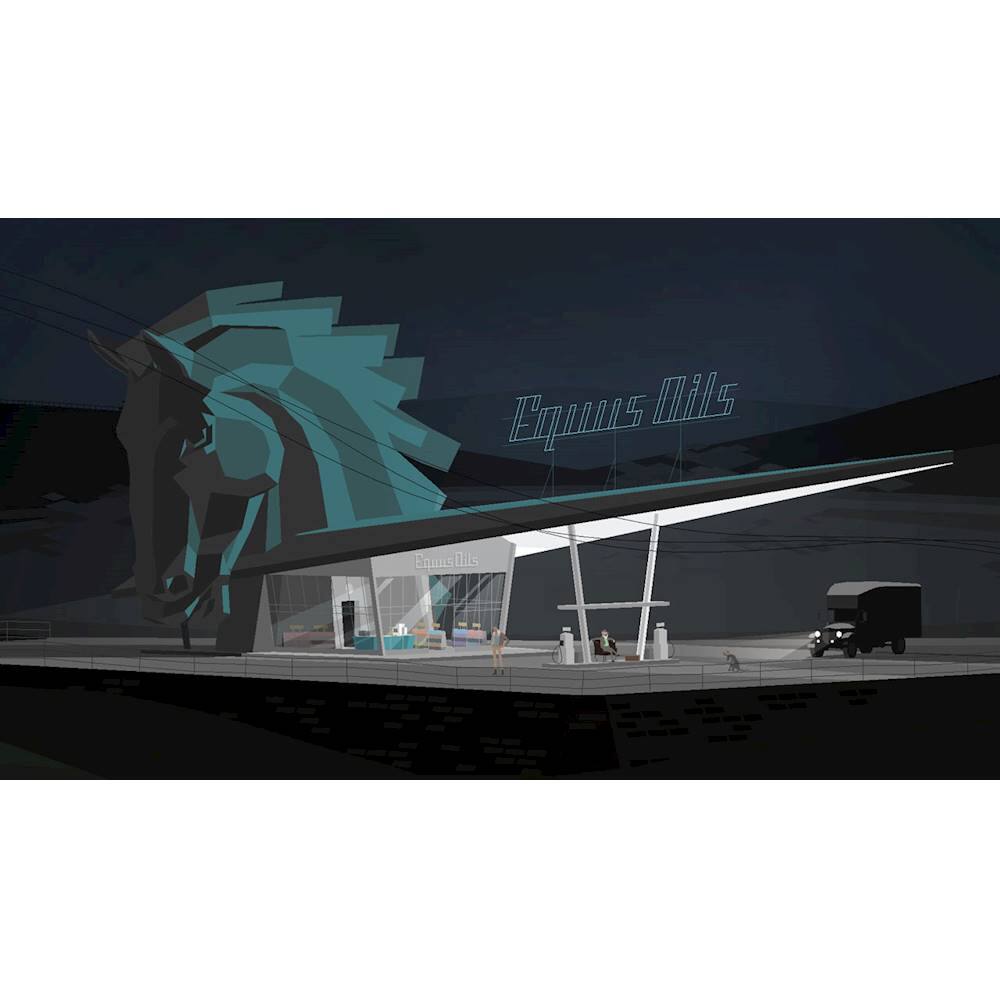 The image features a gas station with a horse statue on top of the building. The horse statue is prominently displayed, and the gas station appears to be well-lit. The scene is set at night, with the horse statue and the gas station being the main focus of the image.