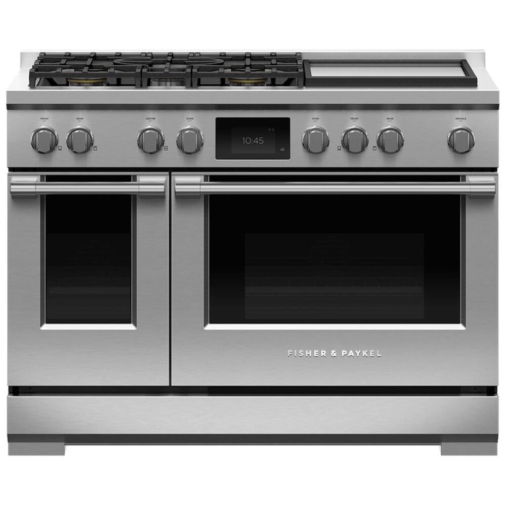 Front. Fisher & Paykel - Professional 6.9 Cu. Ft. Freestanding Double Oven Dual Fuel True Convection Range with Self-Cleaning - Stainless Steel/Black Glass.