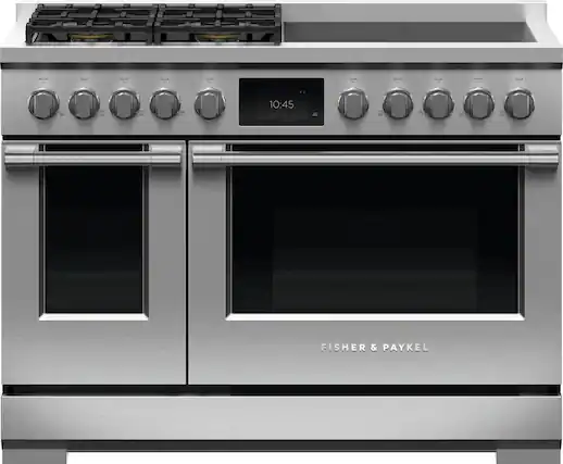 Front. Fisher & Paykel - Professional 6.9 Cu. Ft. Freestanding Double Oven Dual Fuel True Convection Range with Self-Cleaning - Stainless Steel/Black Glass.