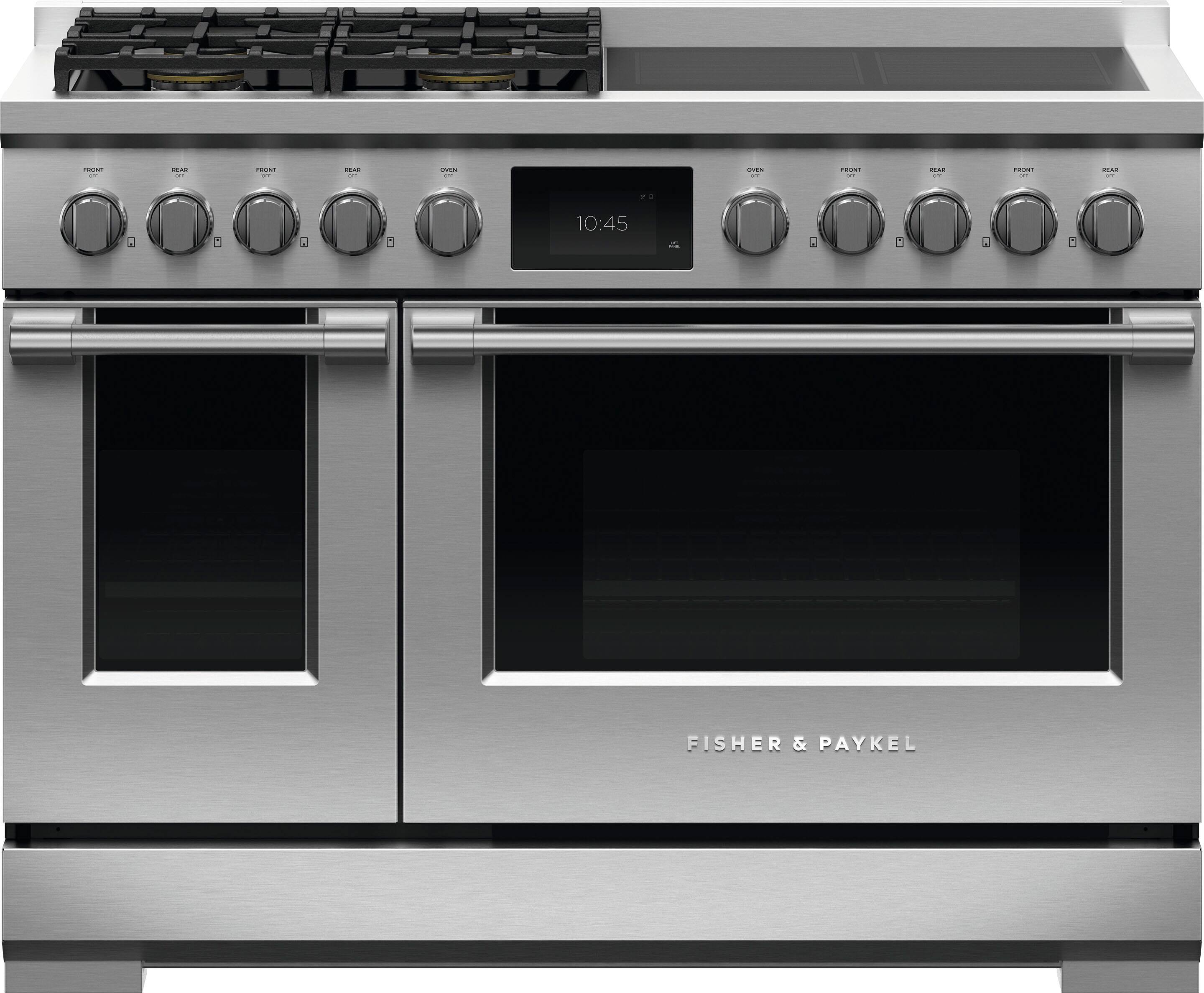 Front. Fisher & Paykel - Professional 6.9 Cu. Ft. Freestanding Double Oven Dual Fuel True Convection Range with Self-Cleaning - Stainless Steel/Black Glass.