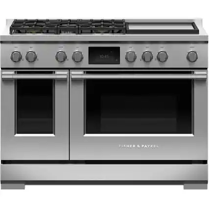 Front. Fisher & Paykel - Professional 6.9 Cu. Ft. Freestanding Double Oven Dual Fuel True Convection Range with Self-Cleaning - Stainless Steel/Black Glass.