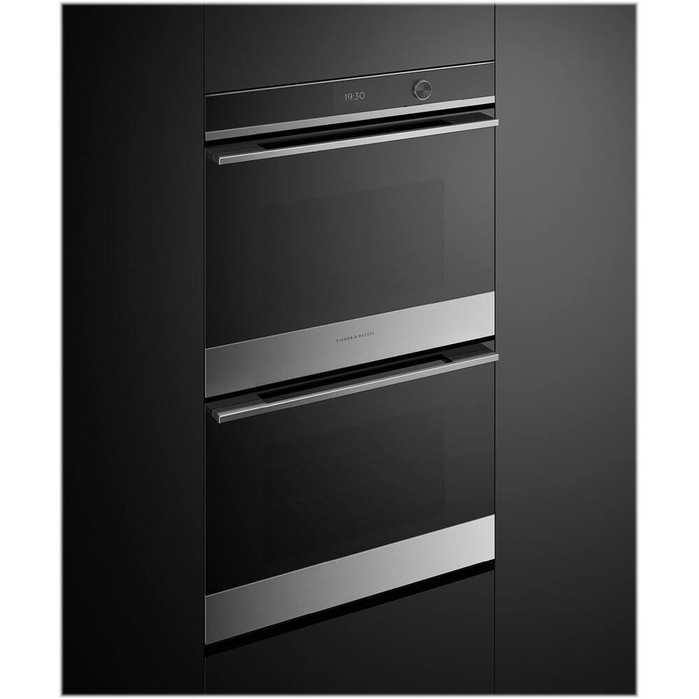 Left View: Fisher & Paykel - Contemporary 30" Built-In Double Electric Convection Wall Oven - Stainless steel