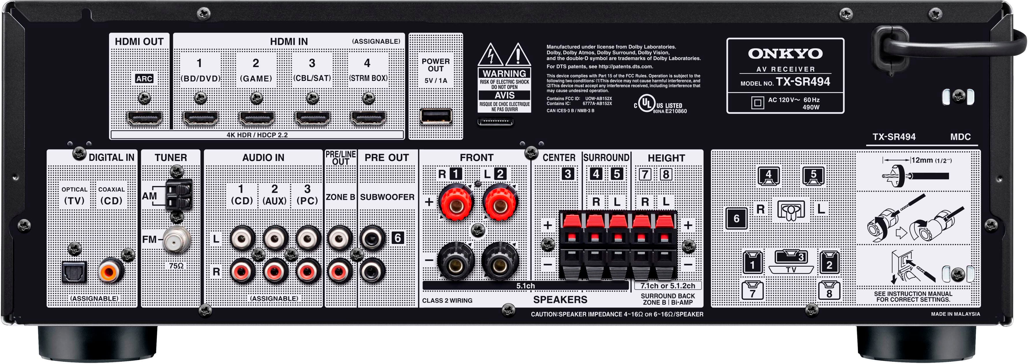 Back. Onkyo - TX-SR494 7.2-Channel A/V Receiver - Black.