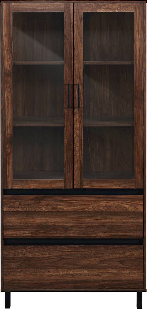 Walker Edison 2 Drawer Storage Armoire, Dark Brown Bookcase With Glass Doors