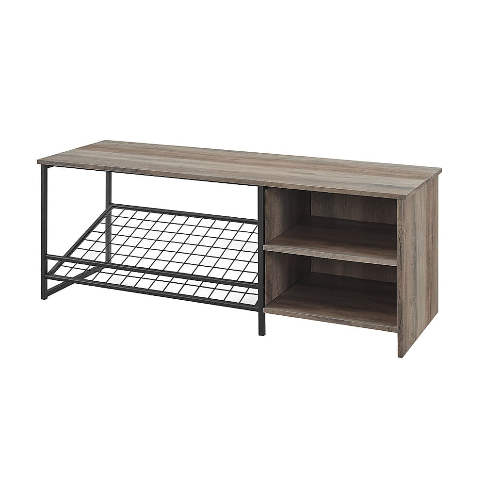 Left View: Walker Edison - Rustic Industrial Entryway Shoe Rack Bench - Dark Walnut