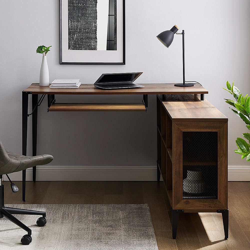 Alt View 13. Walker Edison - L-Shaped Wood Corner Bookcase Computer Desk - Rustic Oak.
