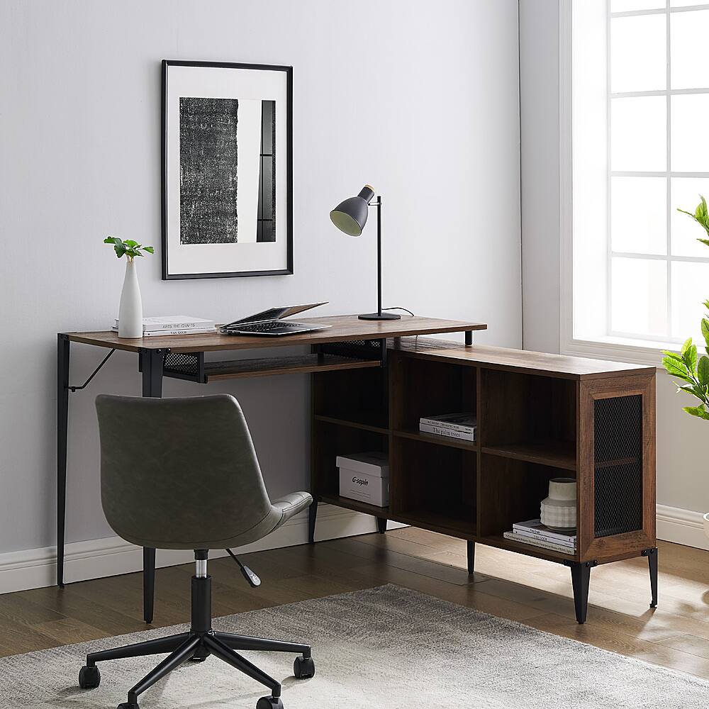 Alt View 14. Walker Edison - L-Shaped Wood Corner Bookcase Computer Desk - Rustic Oak.