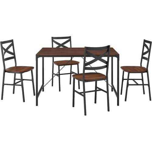 Walker Edison - Rectangular Rustic Angle Iron Dining Table (Set of 5) - Dark Walnut