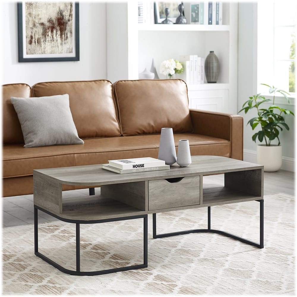 Left View: Walker Edison - Curved MDF 1-Drawer Coffee Table - Gray Wash