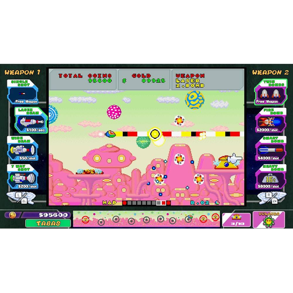 The image features a video game with a pink background and a gameplay screen. The game is called "Weapon 7" and has a total score of 95600. The gameplay screen shows a variety of weapons, including the Laser, Bomb, and Smart Bomb, among others. The game also offers a free weapon and a free weapon for the player. The game is set in a cloudy environment, with a mountain visible in the background.