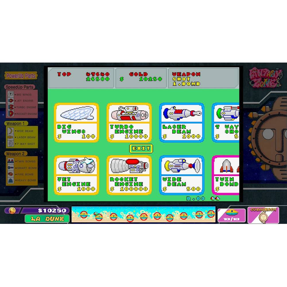 The image features a video game with a screen displaying various items, including weapons and power-ups. The game is set in a space environment, with a clock visible in the background. The items displayed on the screen are organized in a grid pattern, with each item having a corresponding number. The items include a laser beam, a turbo engine, and a rocket engine, among others. The game appears to be a space-themed adventure game, where players can collect and use these items to progress through the game.