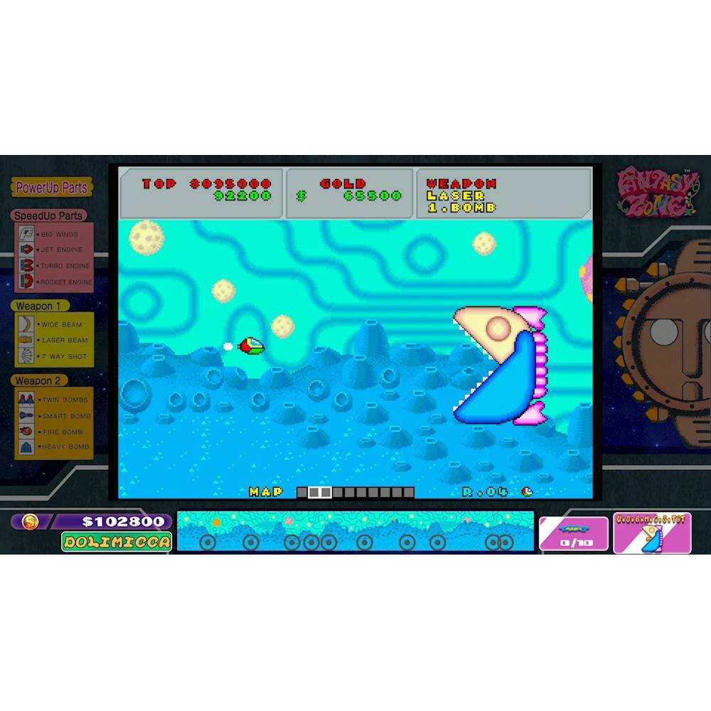 The image shows a video game with a character riding a shark, possibly a fish or a dolphin, through a blue ocean. The game appears to be a cartoon-like adventure game, with the character navigating through the ocean while collecting items. The game screen displays a variety of items, including a clock, a bomb, and a jet engine. The character is also seen holding a gun, which could be a weapon or an item used in the game. The overall scene suggests an exciting and engaging gaming experience.