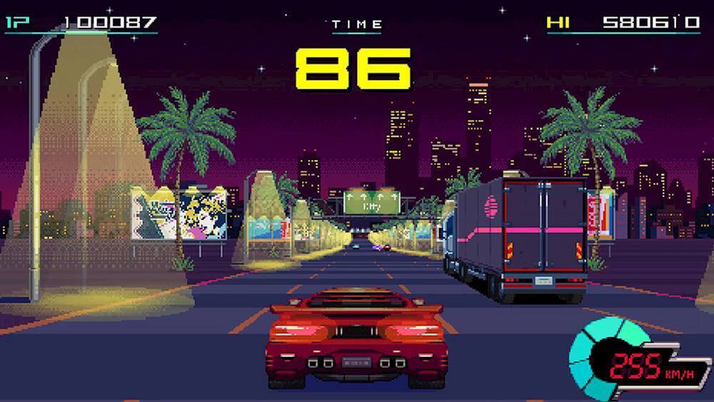 The image shows a car racing game with a red sports car driving down a city street at night. The car is racing against other cars, and the game is set at night with a purple sky. The car is traveling at a speed of 86 mph, and the game is set at 86 seconds. The game is displayed on a screen, and the player is likely to be enjoying the thrill of the race.