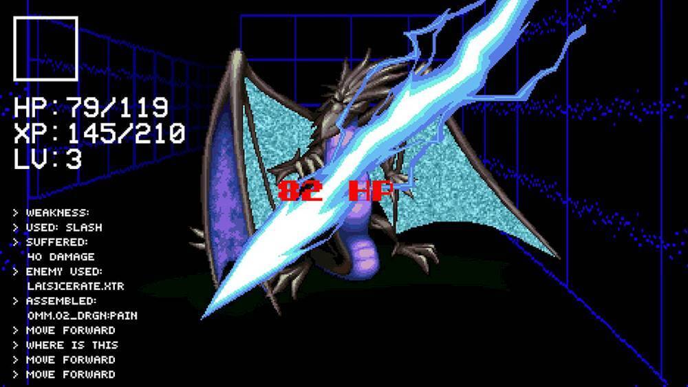 The image features a dragon character in a video game, with the character holding a sword. The text displayed in the image includes information about the character's health points (HP), experience points (XP), and level (LU). The character has 82 HP and is at level 3. The image also shows the character's weakness and the damage it has suffered. The game is likely a role-playing game (RPG) with a focus on character development and combat.
