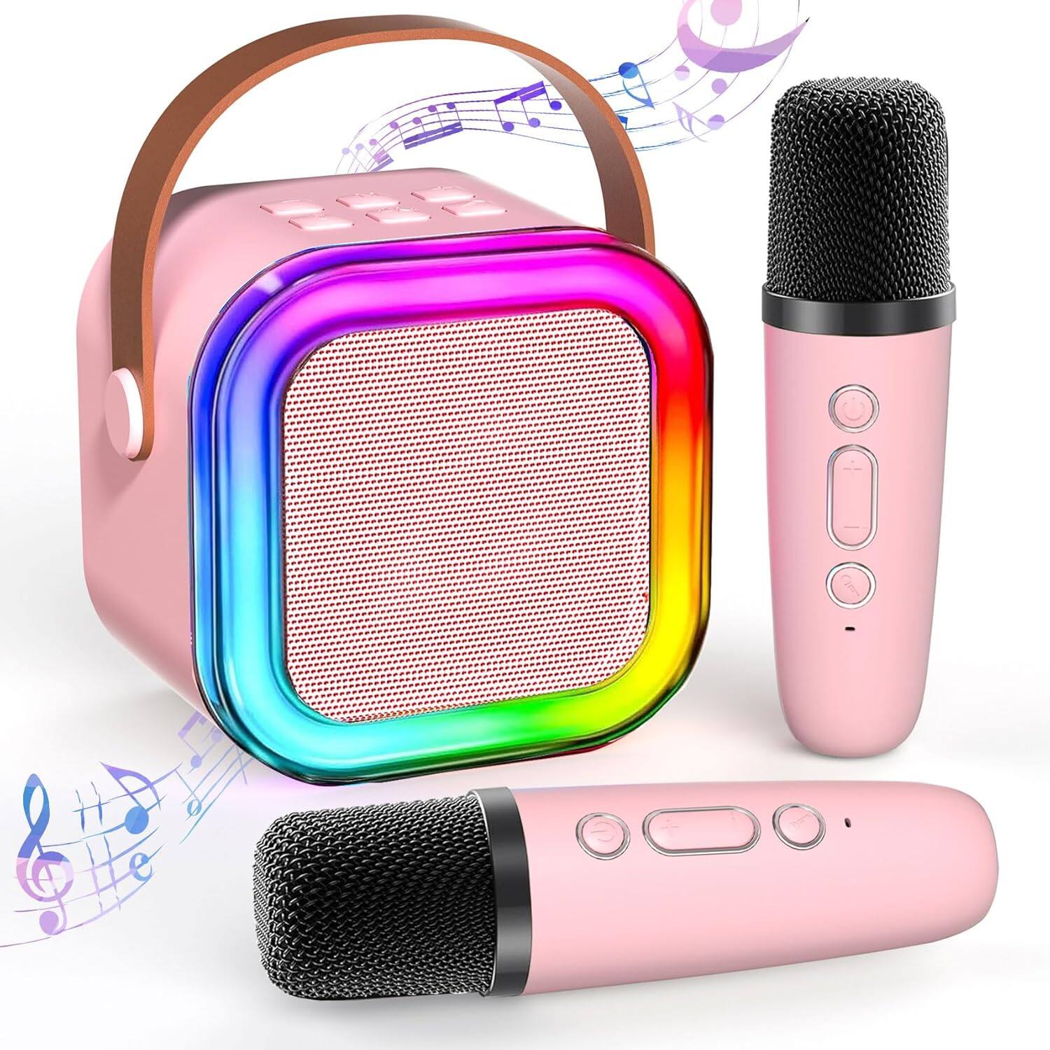 Stamp n Camp - Mini Karaoke Machine for Kids Adults, Portable Bluetooth Speaker with 2 Wireless Mics and LED Color Lights, Home Party - K12/Pink