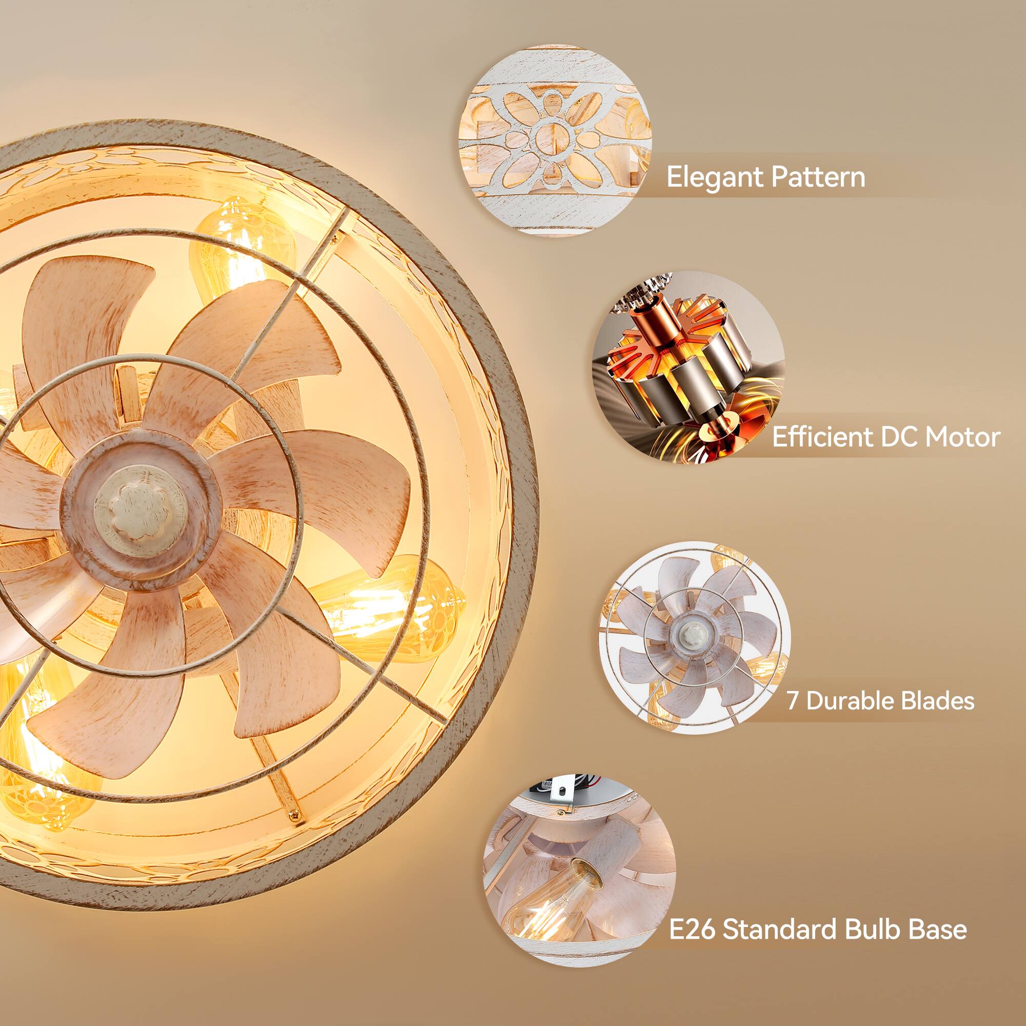 Elegant Pattern, Efficient DC Motor, 7 Durable Blades, E26 Standard Bulb Base