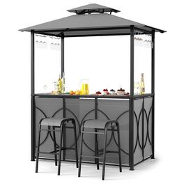 Costway - 6.5 x 4 x 8 FT Grill Gazebo Set with 2 Bar Stools, Tempered Glass Bar Table - Gray